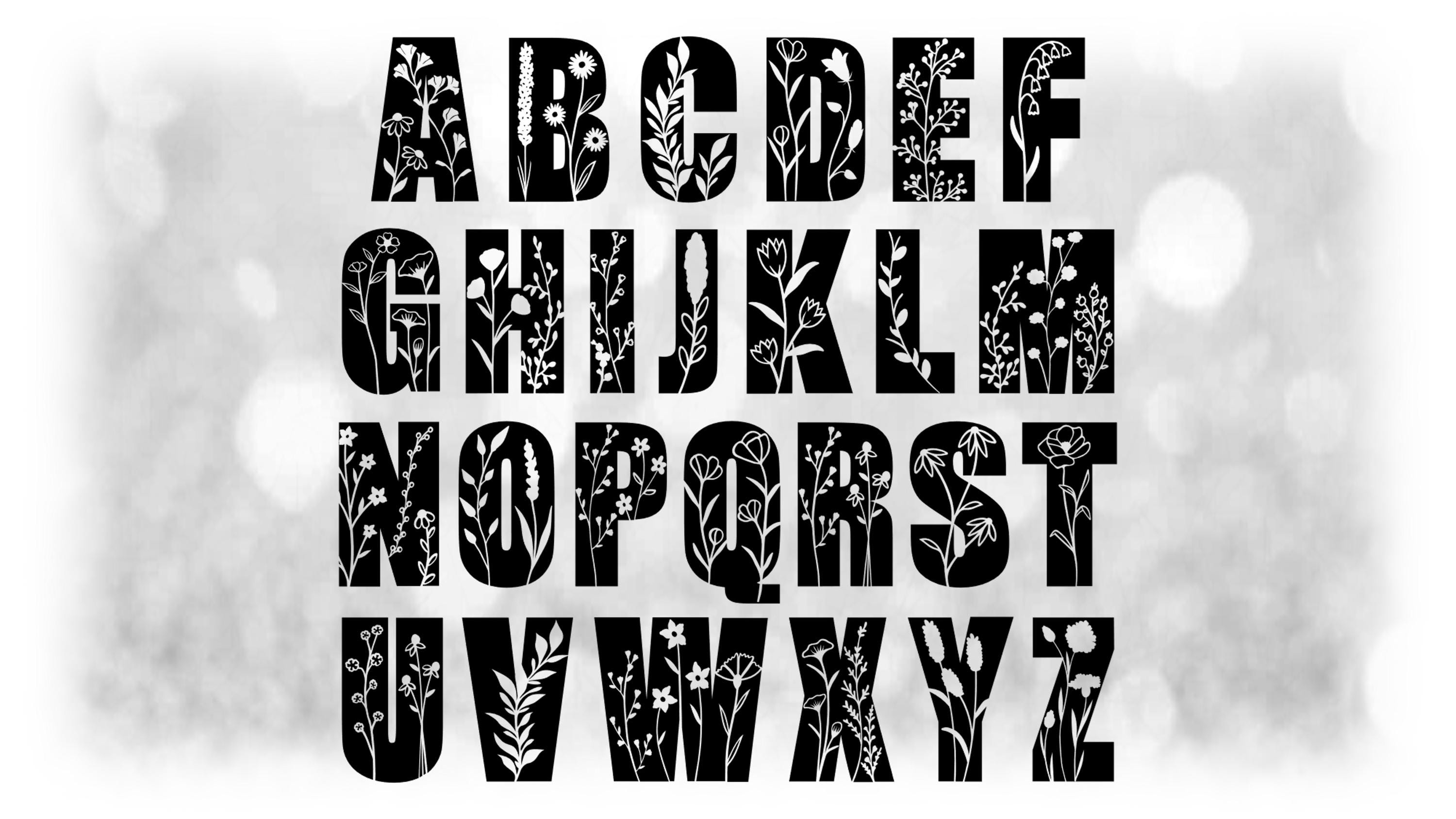 Nature Clipart: Black Bold Alphabet Letters With Wildflowers