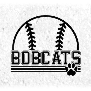 Sports Clipart: Black Half Baseball/Softball with "Bobcats" Team Mascot Name and Cat Paw Silhouette - Digital Download svg png dxf pdf