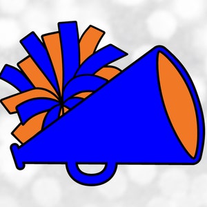 May include: A blue megaphone with an orange and blue pom-pom attached to the top.