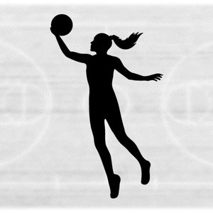 Sports Clipart: Black Silhouette of Female Basketball Player Jumping Up in Air with Ball in One Hand - Digital Download svg png dxf pdf