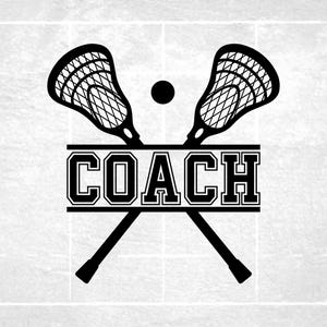 Sports Clipart: Split Black Crossed Lacrosse Sticks and Ball with Bold College Varsity Word "Coach"  - Digital Download svg png dxf pdf