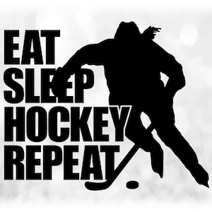 Sports Clipart: Black Words "Eat Sleep Hockey Repeat" w/ Female Silhouette. Players Teams Parents Coaches - Digital Download svg png dxf pdf