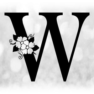 Word Clipart: Schwarzer formaler Großbuchstaben "W" mit Floralen / Blumenakzenten - Farbe ändern mit eigener Software - Digitaler Download SVG & PNG