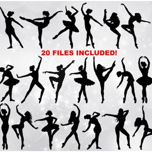 May include: A set of 20 silhouette images of ballerinas in various poses. The images are black and white and are set against a white background with a sparkle effect.
