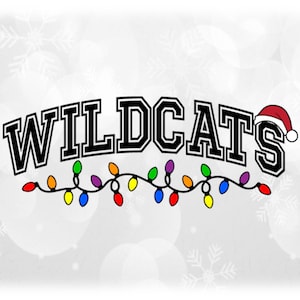 Holiday Clipart: Black Arched Team Mascot Name "Wildcats" with Santa Hat and String of Christmas Lights - Digital Download svg png dxf pdf