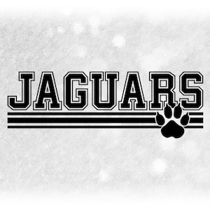 Sports Clipart: Black Bold "Jaguars" Team Name in Varsity Style above Stripes with Paw Silhouette Cutout - Digital Download svg png dxf pdf