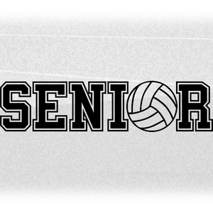Op de afbeelding: Zwart-witte volleybalafbeelding met het woord "SENIOR" in een vetgedrukt, bloklettertype.