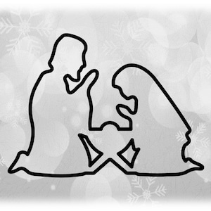 Holiday Clipart: Black Christmas Nativity Manger Scene Silhouette Outline with Baby Jesus, Mary, Joseph - Digital Download svg png dxf pdf