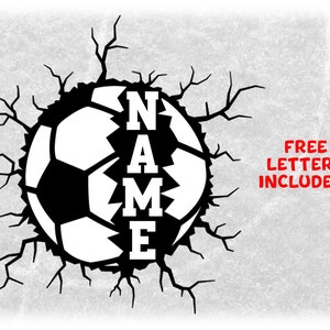 Sports Clipart: White Soccer Ball with Cracked Open Name Frame Layered on Large Black Hole with Cracks - Digital Download svg png dfx pdf