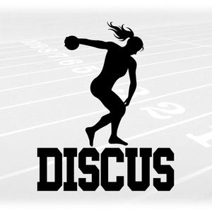 Sports Clipart: Black Track & Field Word "Discus" Below Female/Woman/Girl Thrower in Throwing Stance - Digital Download svg png dxf pdf