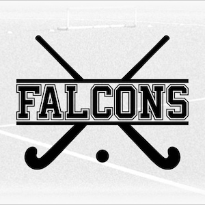 May include: Black and white graphic of two crossed field hockey sticks with the word "FALCONS" in a banner between the sticks.