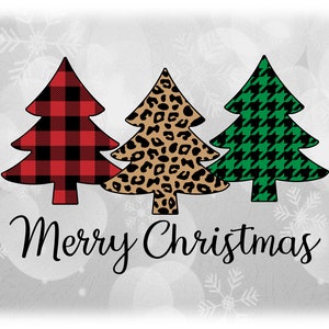 May include: Three Christmas trees with different patterns. The tree on the left is red and black plaid, the middle tree is brown and black leopard print, and the tree on the right is green and black houndstooth. The text "Merry Christmas" is written below the trees.