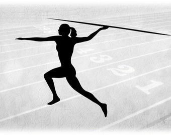 Sport Clipart: Black Track & Field Silhouette von Weiblicher / Frau / Mädchen Werferin mit "Speerwurf" in Wurfbewegung - Digitaler Download SVG/PNG