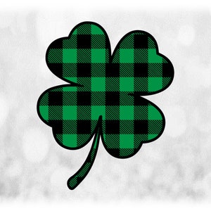 Flower/Nature Clipart: Black Buffalo Plaid on Green Four-Leaf Clover/Shamrock for Luck Irish St. Patrick's, Digital Download svg png dxf pdf