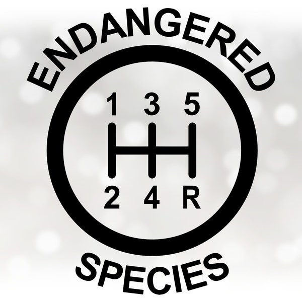 Car / Automotive Clipart: Black Round 5-Speed Manual / Stick Gear Shift Surrounded by Words "Endangered Species" - Digital Download SVG/ PNG