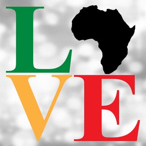 Clipart voor oorzaken: Woord "Love" in NY, NY stijlformaat met Afrika silhouet Letter "0" - Rasta rood groen geel - digitale download svg & png