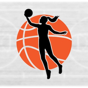 Sports Clipart: Orange Basketball with Black Silhouette of Female Player Jumping Up with Ball in One Hand, Digital Download svg png dxf pdf