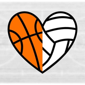 Pode incluir: Gráfico em forma de coração com uma bola de basquete laranja e preta à esquerda e uma bola de voleibol branca e preta à direita. O fundo é cinza claro com linhas de campo tênues.