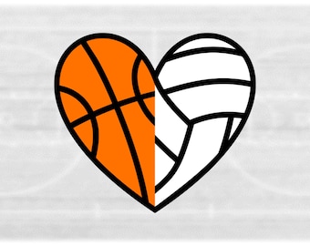 Sports Clipart: Black Sports Heart Made of Half Basketball (on Orange) and Half Volleyball (on White) - Digital Download svg png dxf pdf