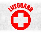 Medical Clipart Large Bold Red Circle with Cross or Plus Cutout and Capital Word quot Lifeguard quot Curved above It- Digital Download SVG PNG