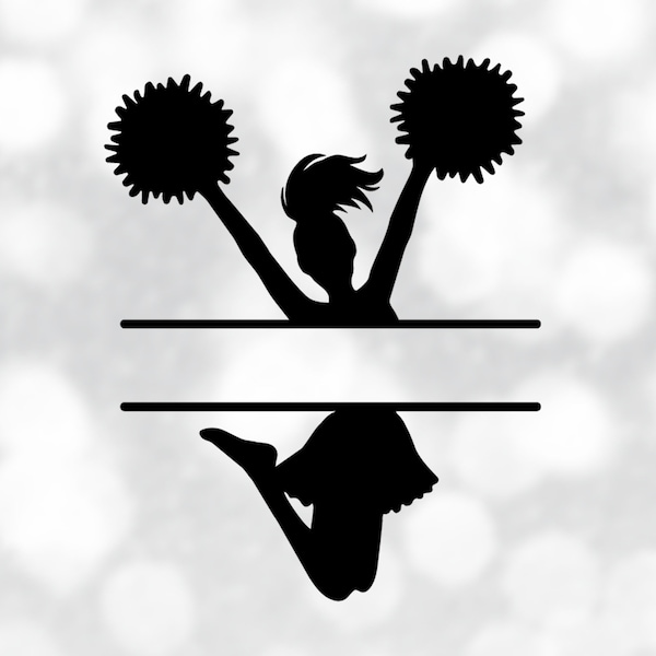 Sports Clipart: Black Split Name Frame of Cheerleader Silhouette Jumping, Bent Knees, Poms to Personalize - Digital Download svg png dxf pdf