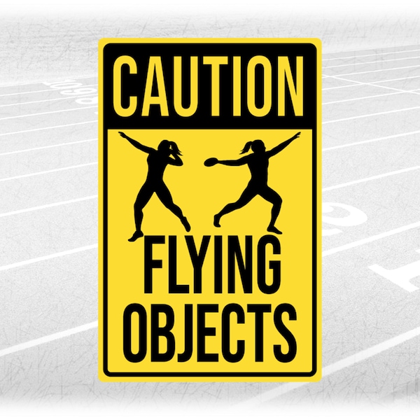 Sports Clipart: Black "Caution Flying Objects" and Female Track & Field Discus/Shot Put Throwers on Yellow, Digital Download svg png dxf pdf