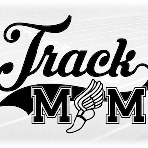 May include: Black and white graphic design with the text "Track M&M" in a stylized font. The "M" is a large letter with a winged foot graphic in the center.