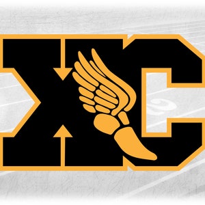 Sports Clipart: College Style Letters "XC" for Cross Country w/ Winged Track Shoe Cutout Overlay on Gold - Digital Download svg png dxf pdf