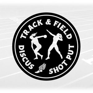 Sports Clipart: Black Rings w/ Cutout of Female Throwers and Words "Track & Field, Shot Put, and Discus" - Digital Download svg png dxf pdf