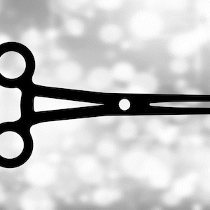 May include: Black surgical clamp with a ring handle and a locking mechanism. The clamp is made of metal and has a smooth, polished finish.