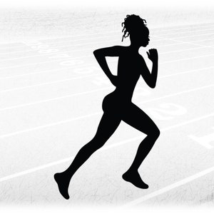 Sports Clipart: Track and Field Black Silhouette of Female Athlete Running with Afro Style Curls or Locs - Digital Download svg png dxf pdff