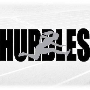 Sports Clipart: Black Track & Field Word "Hurdles" with Overlay of Gray Female / Woman Hurdler Silhouette - Digital Download svg png dxf pdf