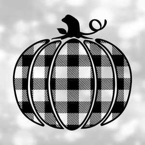 May include: Black and white checkered pumpkin silhouette. The pumpkin has a stem and a curly vine.