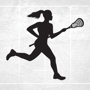 Sports Clipart: Black Silhouette of Female / Woman / Girl Lacrosse Player Running with Lacrosse Stick - Digital Download svg png dxf pdf
