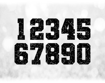 Sports: Jersey Number Templates Grouped on ONE Single Sheet - Black Bold Distressed Style - Digital Download SVG - Not Installable Font File