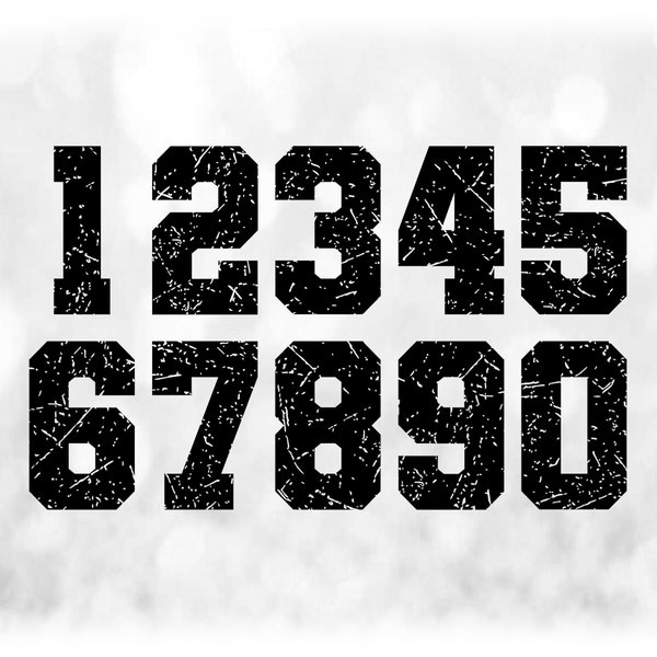 Sports: Jersey Number Templates Grouped on ONE Single Sheet - Black Bold Distressed Style - Digital Download SVG - Not Installable Font File