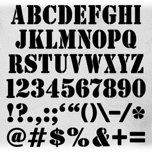 May include: Black and white stencil font alphabet with uppercase letters, numbers, and punctuation marks. The font is bold and blocky.
