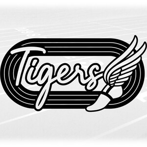 Sports Clipart: Black Track & Field Lanes with Script Team Mascot "Tigers" and Winged Running Shoe Cutout - Digital Download svg png dxf pdf