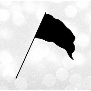 Puede incluir: Una bandera negra sobre un mástil, ondeando al viento. La bandera es de color negro liso, y el mástil es una fina línea negra. El fondo es un efecto bokeh borroso blanco y gris.
