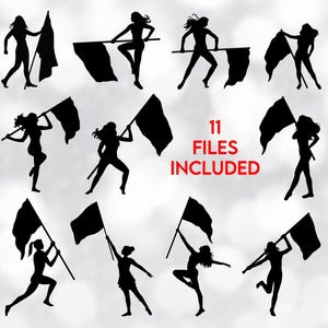 Sports Clipart: Value Pack Bundle of ELEVEN Black Female Color Guard Silhouettes Twirling Flags for Band - Digital Download svg png dxf pdf
