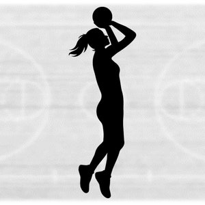 Sports Clipart: Black Silhouette of Female Basketball Player Jumping Up in Air Shooting Ball with Hands - Digital Download svg png dxf pdf