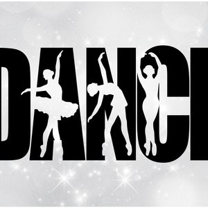 Sports Clipart: Black Bold Word "Dance" with Three Dancer / Ballerina Silhouettes Cut Out - Digital Download svg png dxf pdf
