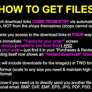 May include: Black background with yellow and white text detailing how to access digital files bought on Etsy. Instructions include accessing files via the "Thanks for your order!" screen, receipt, order history, and instant download icon.