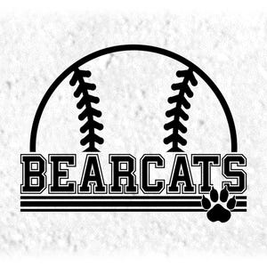 Sports Clipart: Black Half Baseball/Softball with "Bearcats" Team Mascot Name and Bear Paw Silhouette - Digital Download svg png dxf pdf