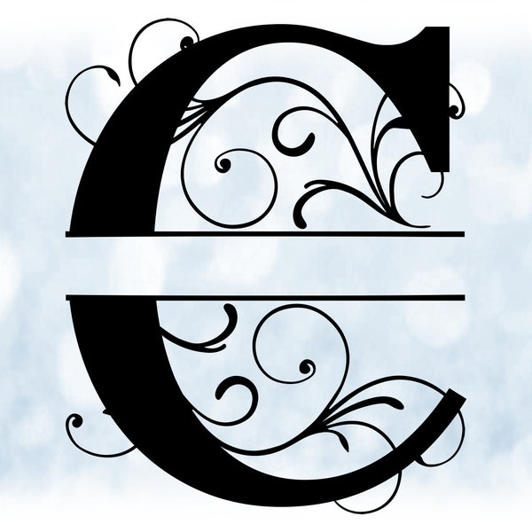 Word Clipart: Split Name Frame Black Formal Style Capital Letter Initial / Monogram "C" w/ Floral Curls/Swirls - Digital Download SVG & PNG