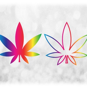 May include: Two cannabis leaf illustrations, one filled with a rainbow gradient and the other in a simple black outline.