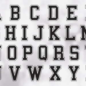 Clipart de esportes: modelos de letras do alfabeto agrupados em uma única folha - preto sólido com contorno - download digital SVG, arquivo de fonte não instalável