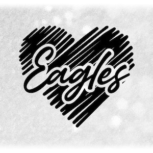 May include: Black and white graphic of a heart with the word "Eagles" inside. The heart is made of a series of parallel lines.