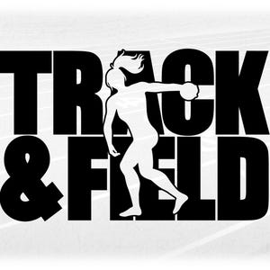 Sports Clipart: Black Words "Track & Field" with Cutout Silhouette of Female Discus Thrower Throwing  - Digital Download svg png dxf pdf