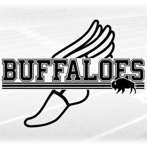 May include: Black and white logo with the word "BUFFALOES" in bold letters. The logo features a stylized running foot with wings and a small buffalo silhouette.